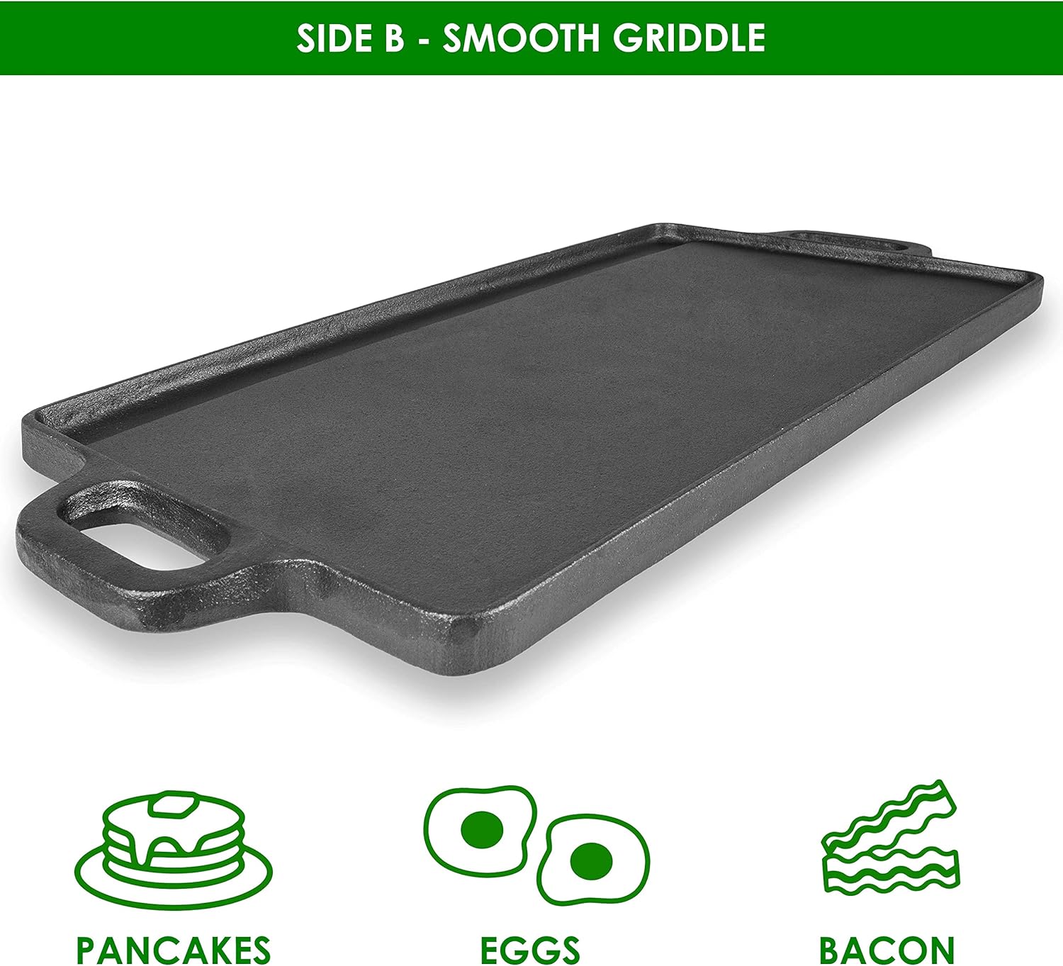 prosource 2 in 1 reversible 19.5” x 9” cast iron griddle with handles, preseasoned & non stick for gas stovetop, oven and open fire.