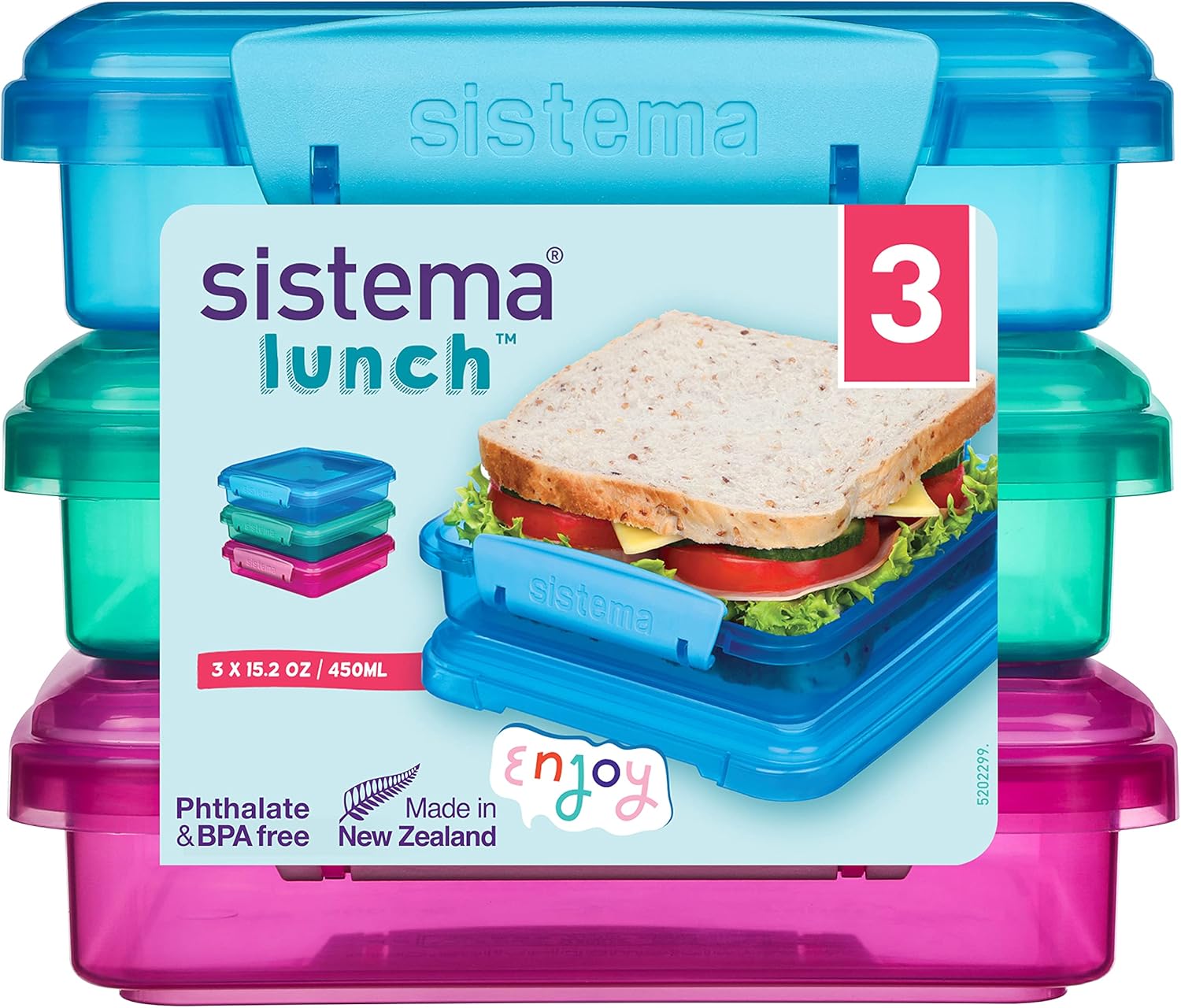 sistema lunch sandwich box, 450 ml assorted colours with contrasting clips, pack of 3, 1.55 x 15 x 12.4 cm