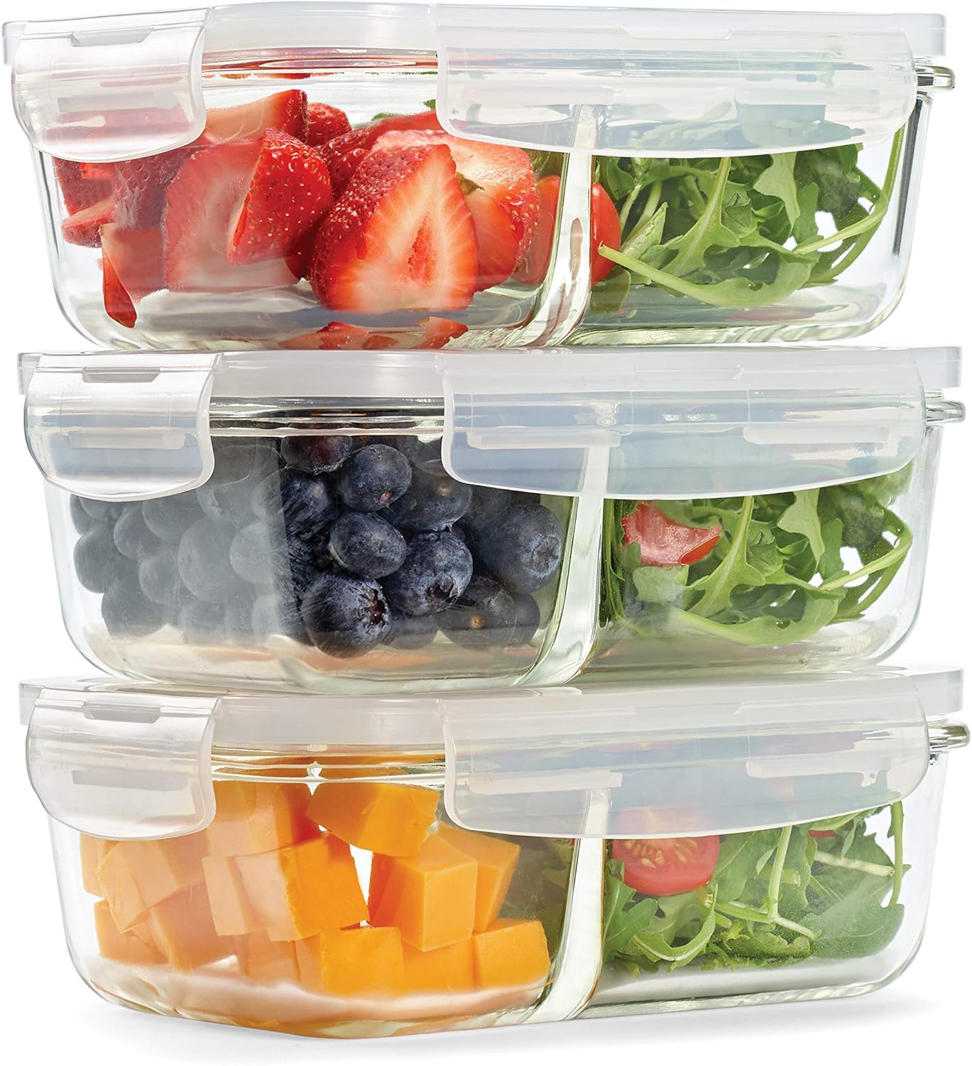 fit & fresh divided glass containers, two compartments, containers with locking lids, glass storage, meal prep containers with airtight seal 3 pack 870gff