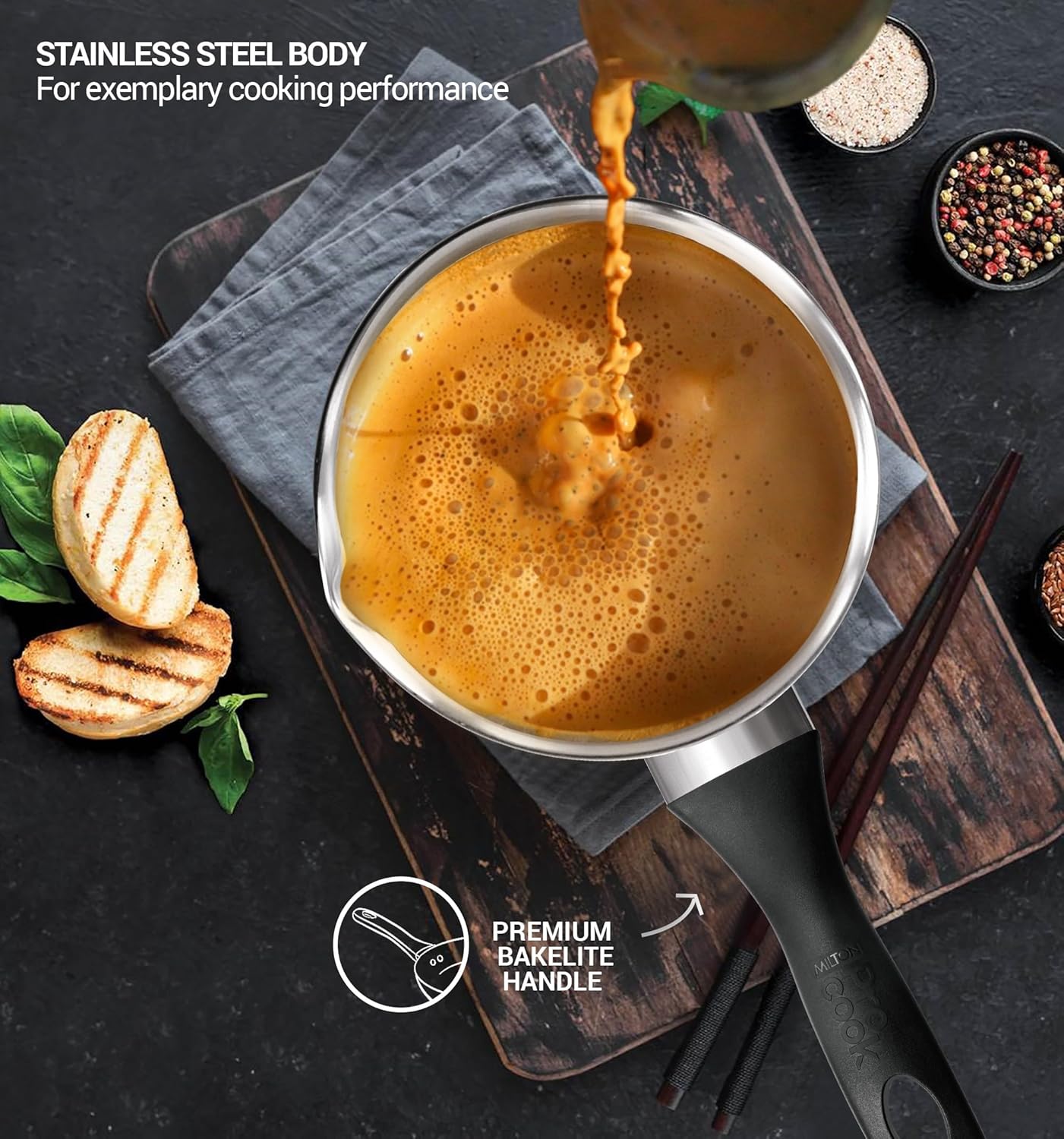 milton pro cook stainless steel sandwich bottom sauce/tea pan with bakelite handle, 18 cm/ 2.3 litre, silver | induction safe | flame safe | hot plate safe | dishwahser safe