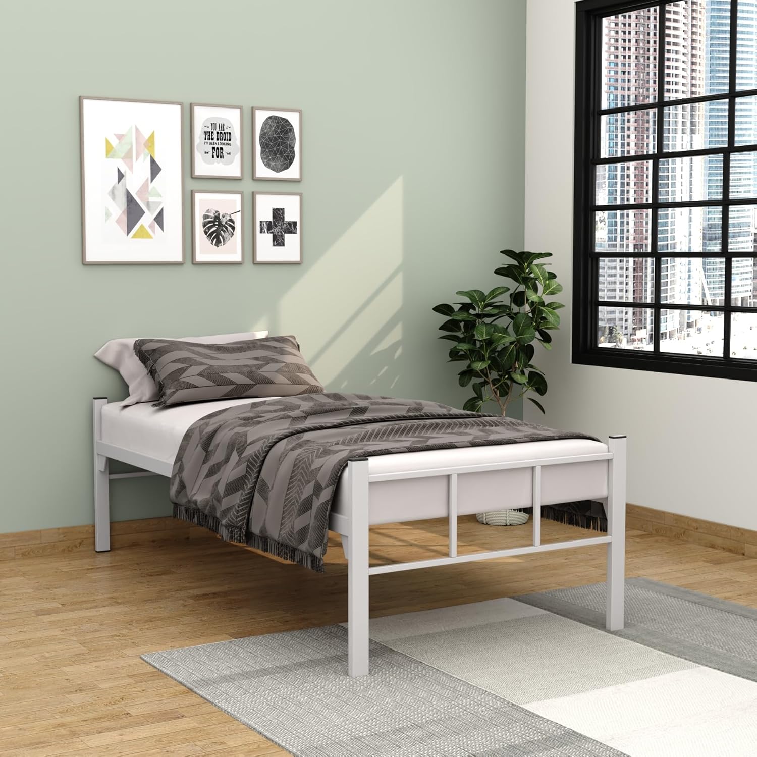 rigid steel bed with heavy duty metal platform (single bed, white)