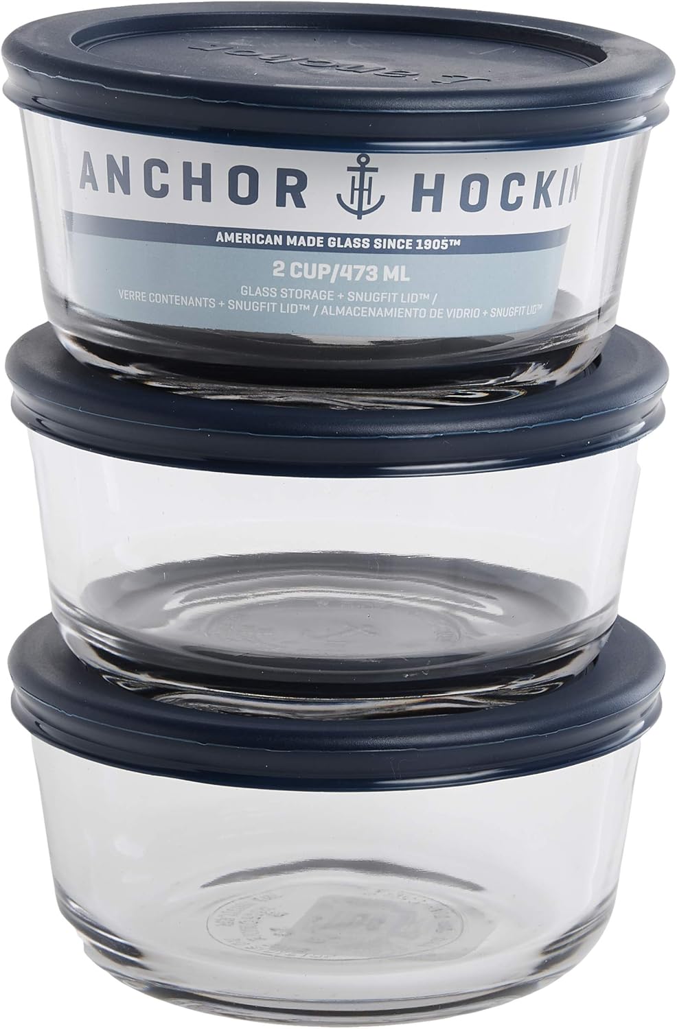 anchor hocking classic glass food storage containers with lids, blue, 2 cup (set of 3)