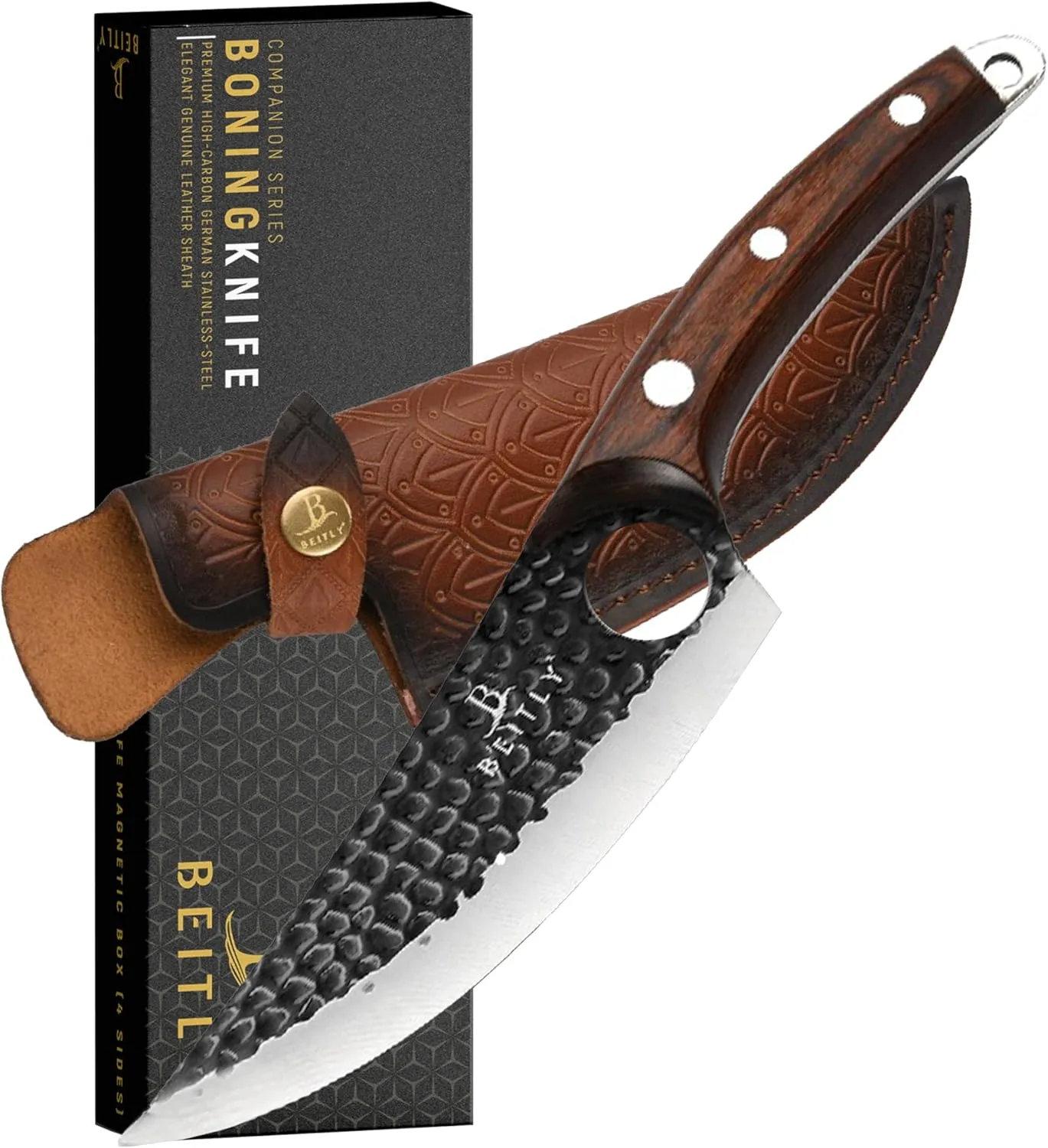 BEITLY Companion Series 6 Inch Butcher Boning Knife, High Carbon German Stainless Steel Blade With Pakkawood Handle & Geniune Leather Sheath, Luxurious Gift Box Included