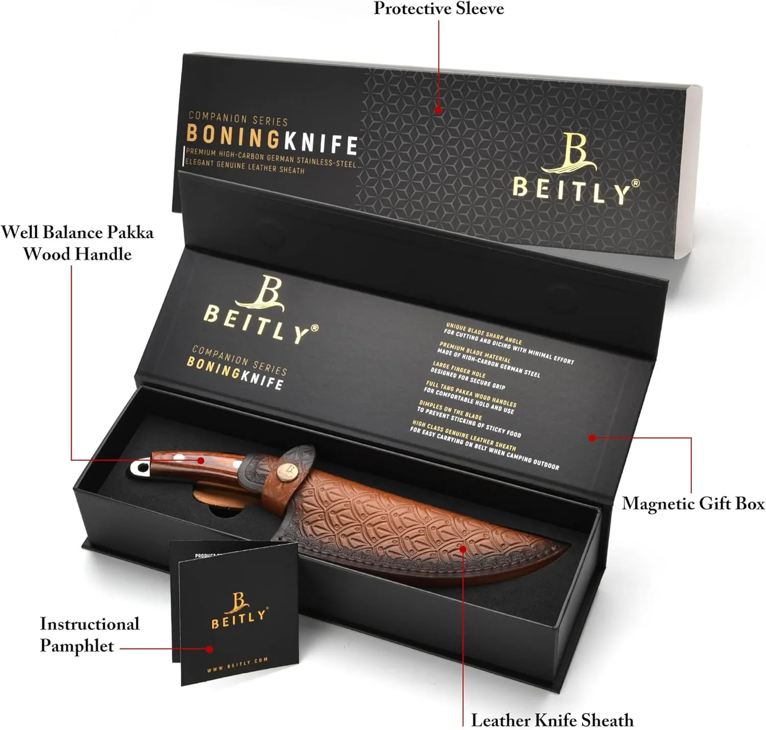 BEITLY Companion Series 6 Inch Butcher Boning Knife, High Carbon German Stainless Steel Blade With Pakkawood Handle & Geniune Leather Sheath, Luxurious Gift Box Included