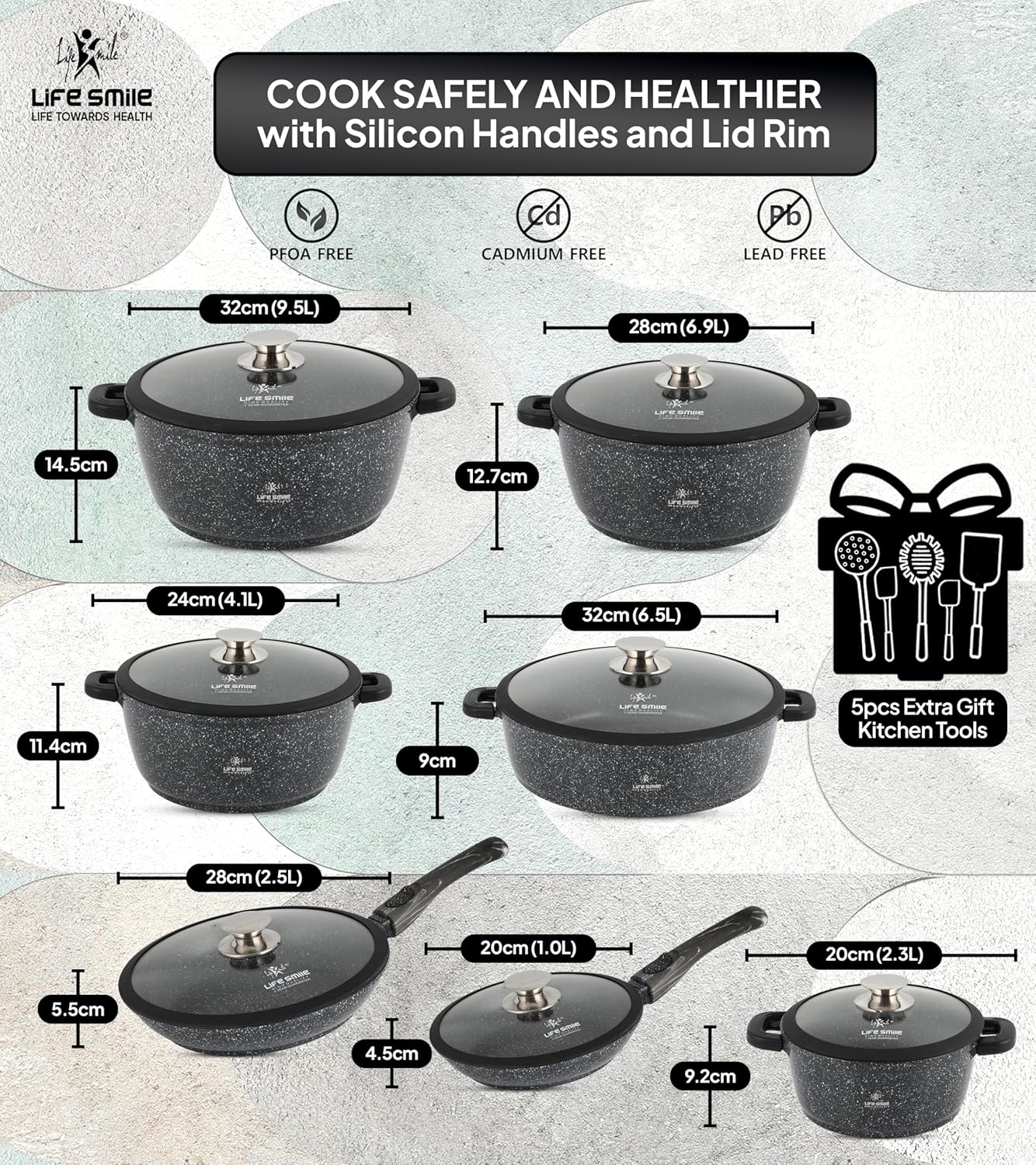 life smile cookware set pots and pans set granite non stick coating 100% pfoa free, induction base cooking set with removable silicone handles oven safe (black, 29 pieces)