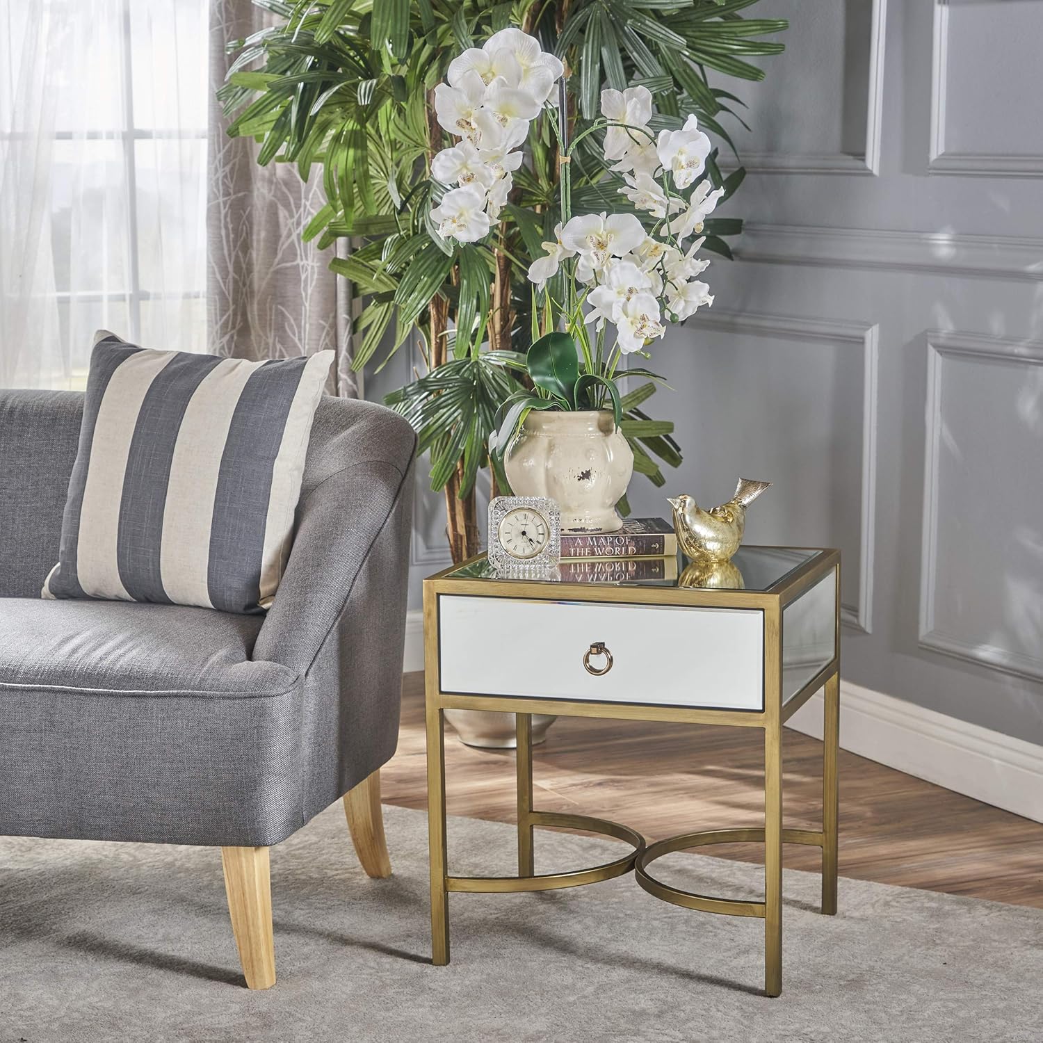 christopher knight home siryen modern mirror finished side table with gold iron accents, clear/gold