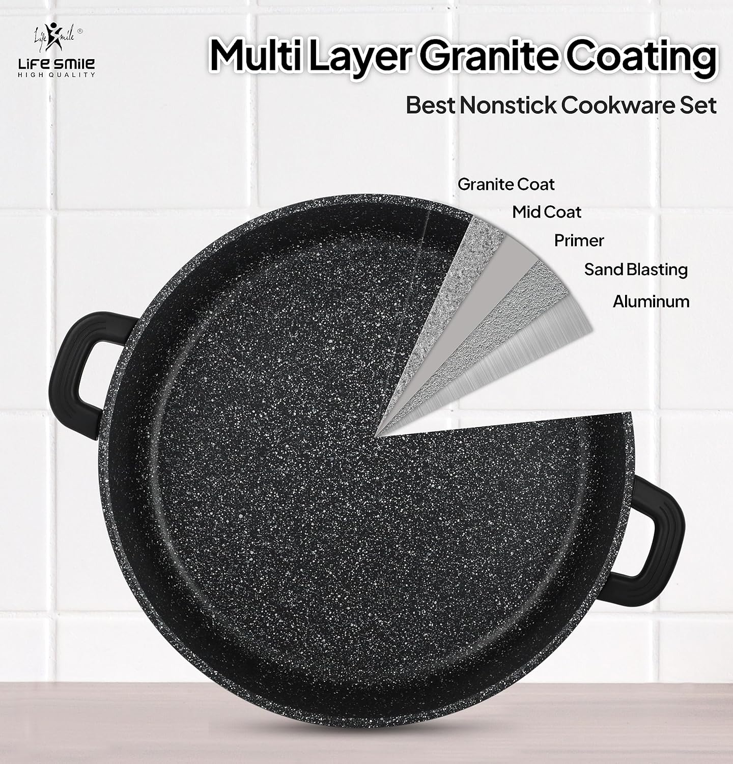 life smile cookware set pots and pans set granite non stick coating 100% pfoa free, induction base cooking set with removable silicone handles oven safe (black, 29 pieces)