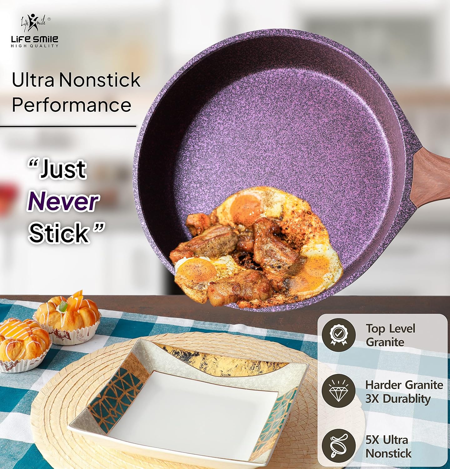life smile granite coated smart fry pan with lid multi layer granite non stick coating pan | heat resistant handle hanging loop | 100% pfoa free | induction base (purple, 24cm (1.7 liters))