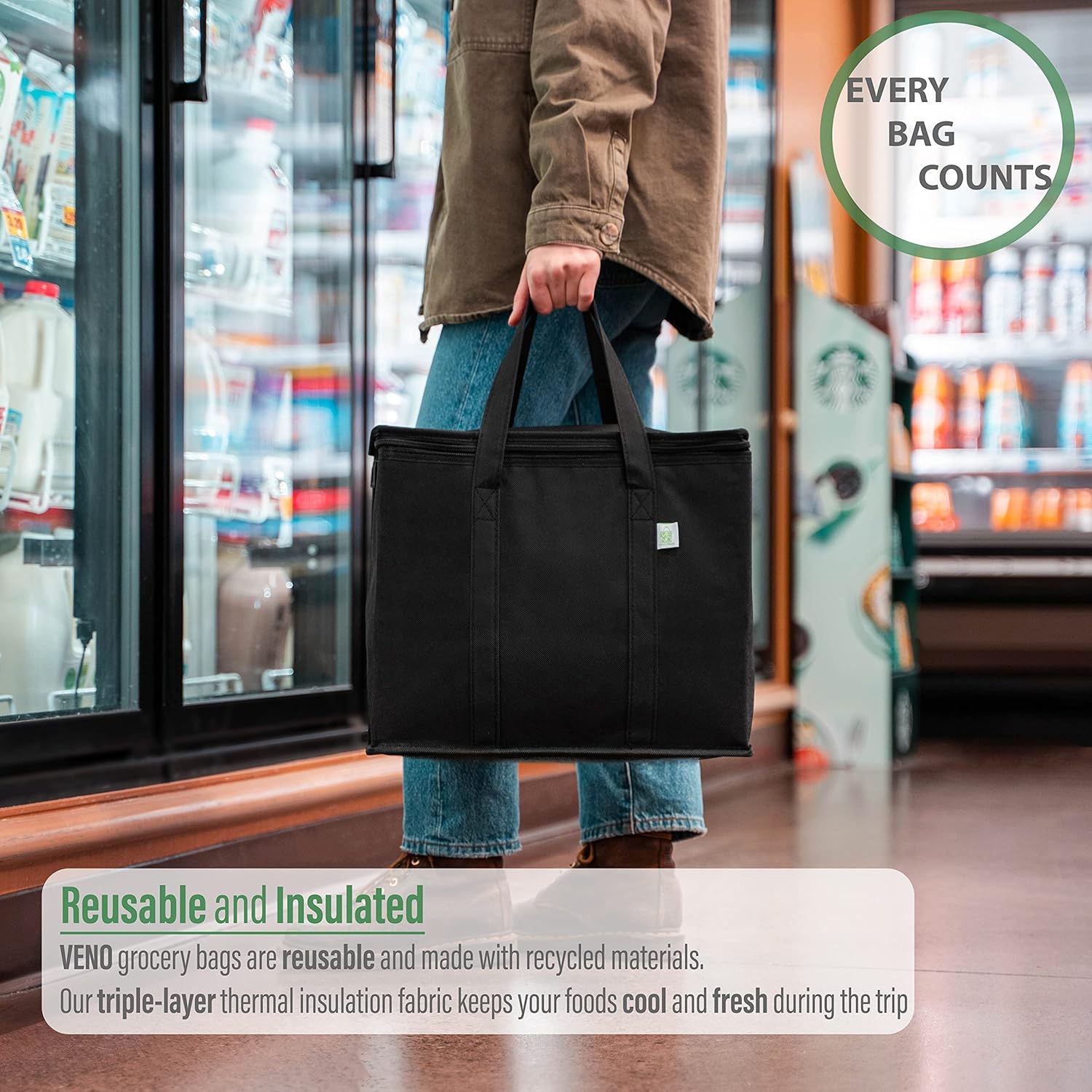 veno 2 pack insulated reusable grocery shopping bag, food delivery, cooler bag, heavy duty, large size, durable handles, dual tab zips, lid, stands upright, collapsible, sustainable (black, 2 pack)