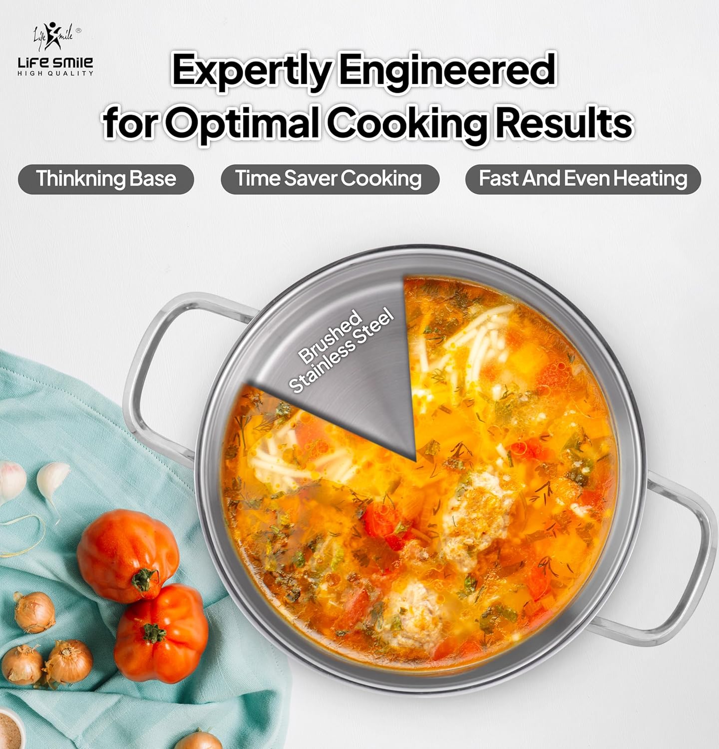 life smile shallow pot set with lid 18/10 pure stainless steel set 20/24/28 cm induction base thick double handle fry pan set non toxic, 100% pfoa, ptfe & pfos free silver handle oven safe