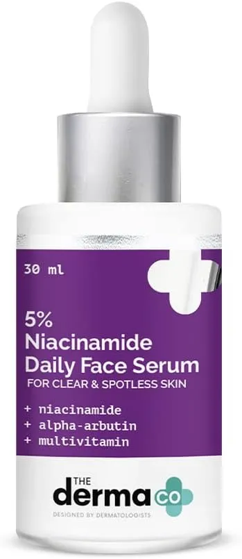 the derma co 5% niacinamide daily face serum with alpha arbutin & multivitamin for clear & spotless skin 30ml