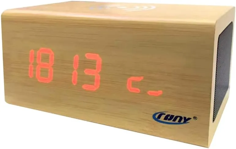 CRONY Cn1299 Wooden Digital Led Clock With Wireless Moblie Charging Bluetooth Speaker Alarm Temperature
