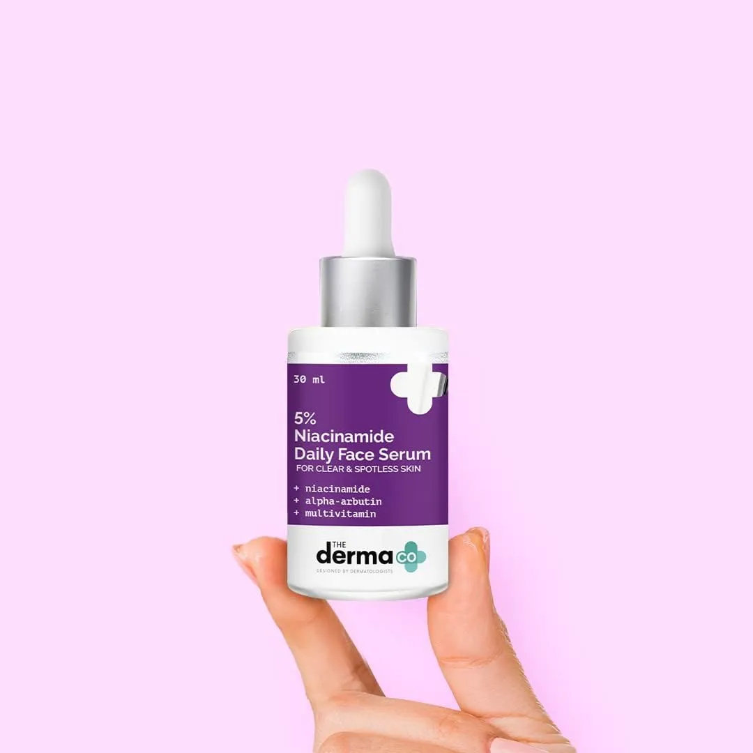 the derma co 5% niacinamide daily face serum with alpha arbutin & multivitamin for clear & spotless skin 30ml