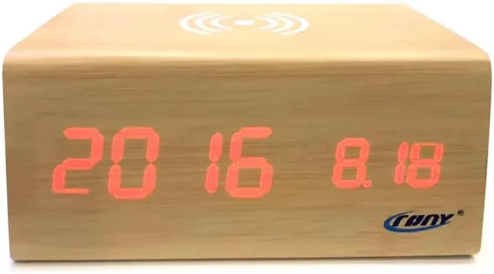 CRONY Cn1299 Wooden Digital Led Clock With Wireless Moblie Charging Bluetooth Speaker Alarm Temperature