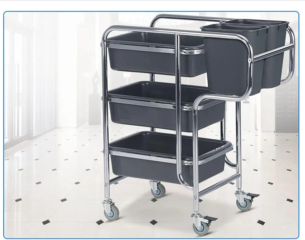 Grace Kitchen Stainless Steel Dish Collecting Cart Dish Collecting Trolley with 4 Plastic Buckets 900 * 460 * 950 Millimeter