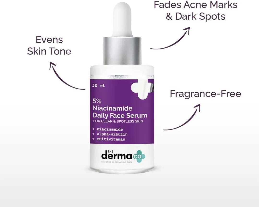 the derma co 5% niacinamide daily face serum with alpha arbutin & multivitamin for clear & spotless skin 30ml