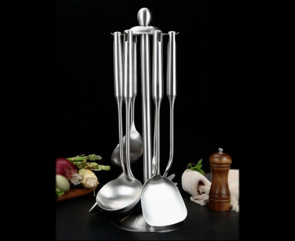 Grace Kitchen Utensil Set – 6 Piece Stainless Steel Cooking Utensils with Rotating Holder Organizer Includes Slotted Spoon, Slotted Spatula, Large Spoon, Soup Ladle, Spatula, Pasta Server