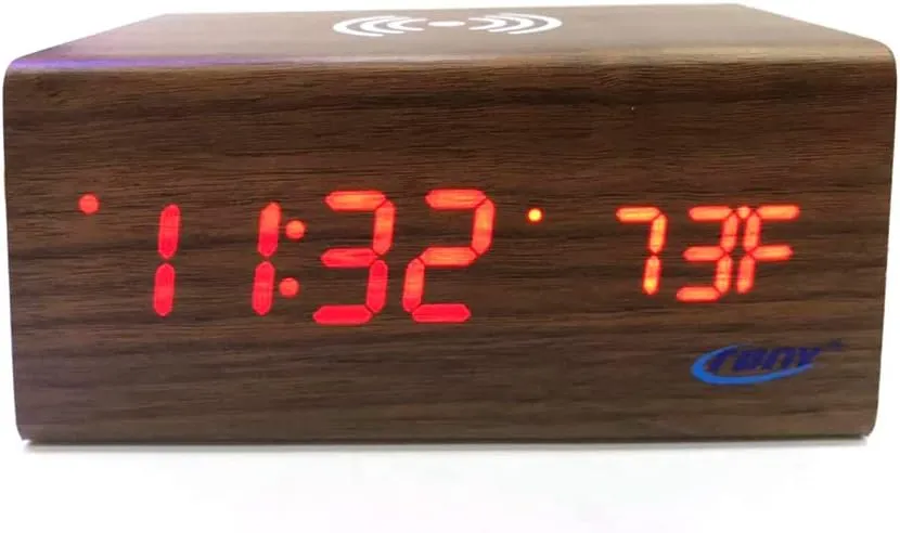 CRONY Digital Led Bt Alarm Clock With Wireless Charging Wooden Clock Brown 1299