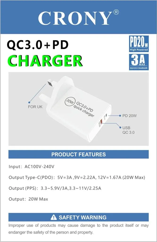 CRONY Cr-004 Pd20W+Qc3.0 Fast Charger