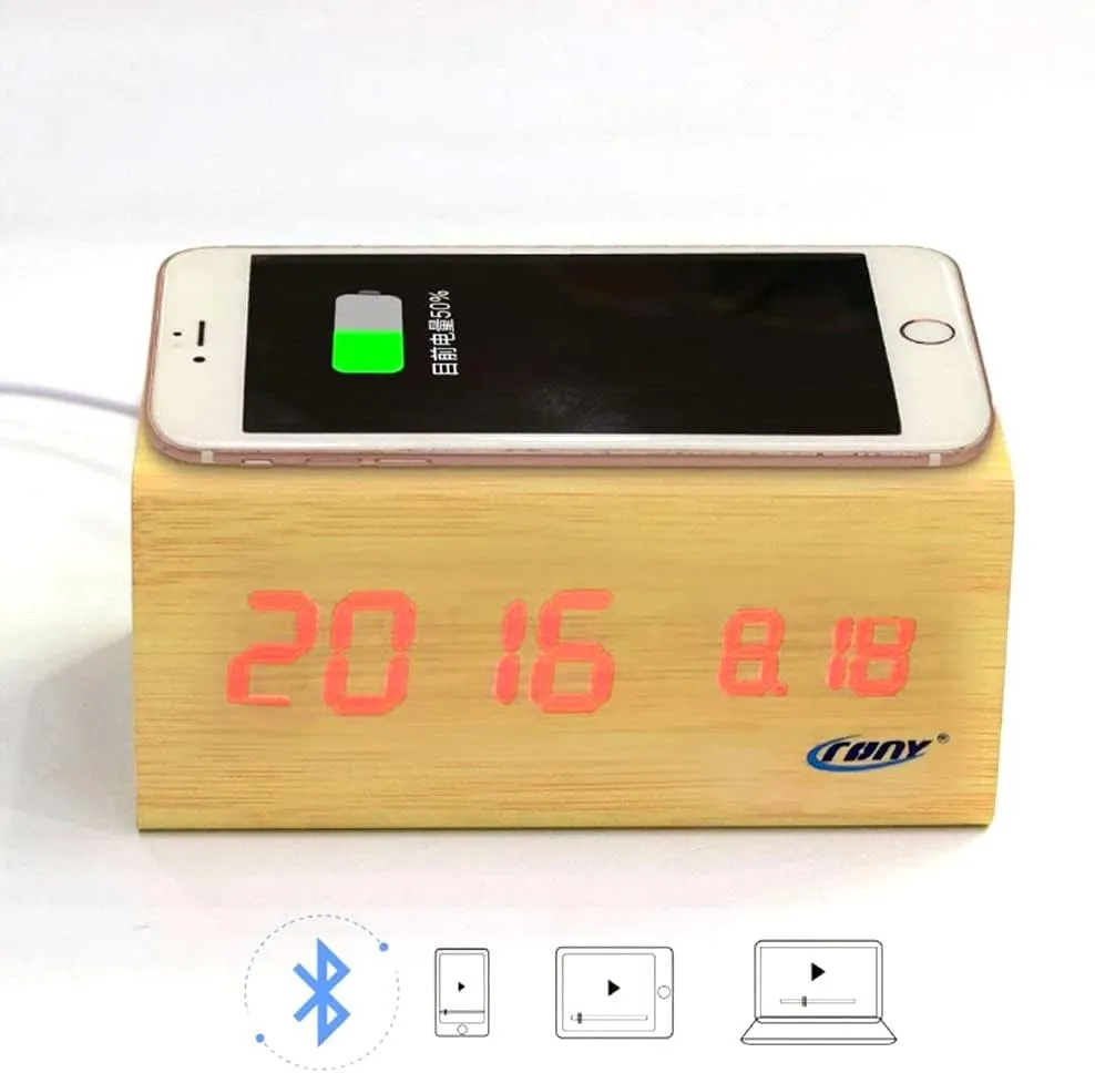 CRONY Cn1299 Wooden Digital Led Clock With Wireless Moblie Charging Bluetooth Speaker Alarm Temperature
