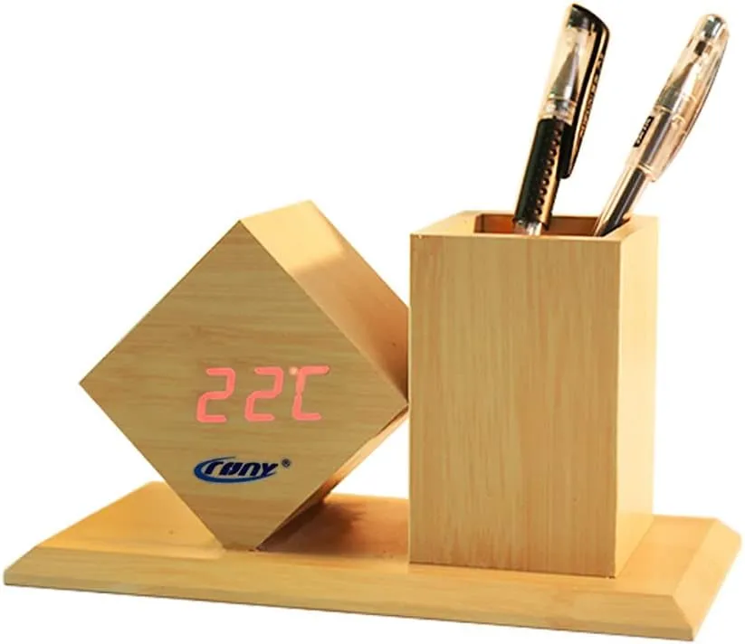 CRONY Cn2025 Wooden Pen Holder Digital Led Clock With Alarm And Temperature