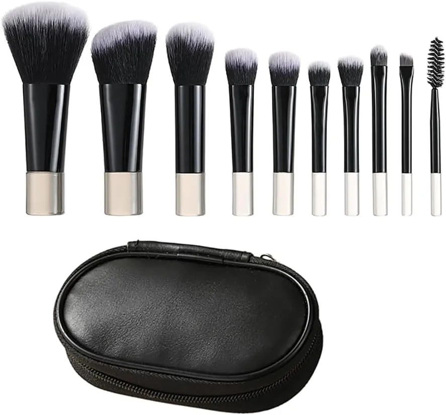 duomama travel friendly 10pcs makeup brush set with brush pouch mini brushes for on the go beauty complete cosmetic kit for easy touch ups portable and convenient (black)