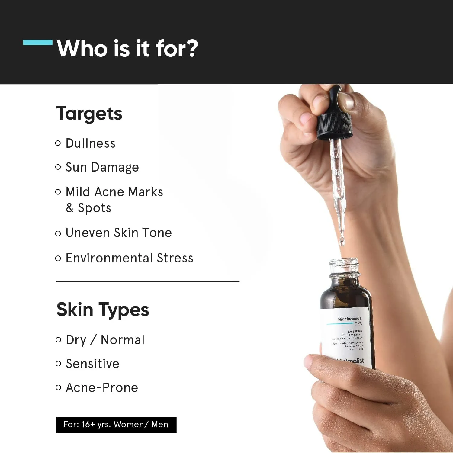 minimalist niacinamide 5% face serum with vit b3 & hyaluronic acid for clear glowing skin | helps reduce dullness & sun damage, hydrates & repairs skin barrier | for dry & sensitive skin | 30ml