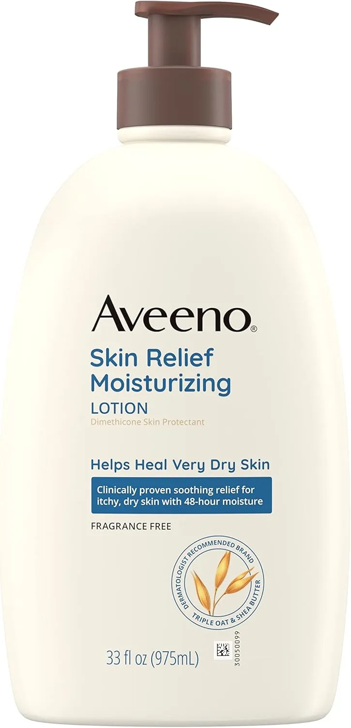 aveeno skin relief moisturizing lotion for very dry skin with soothing triple oat & shea butter formula, dimethicone skin protectant helps heal itchy, dry skin, fragrance free, 33 fl. oz