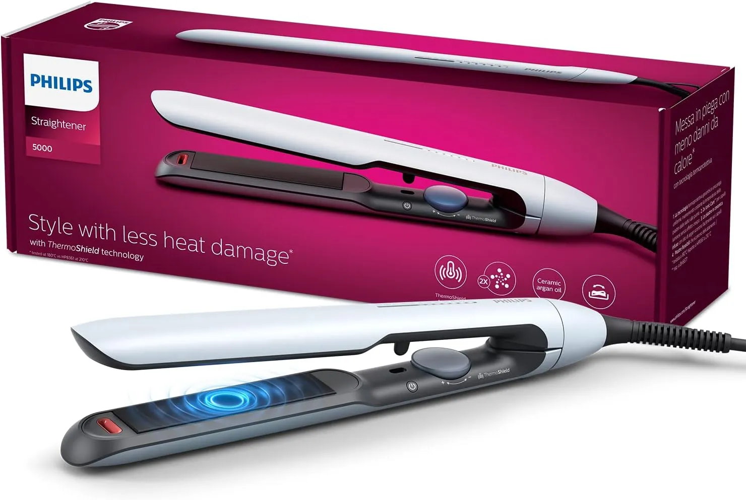 philips hair straightener bhs520/00, thermoshield technology to lower heat damage, argan oil infused plates, 2x ionic care for frizz free, smooth, shiny hair (new model) blue