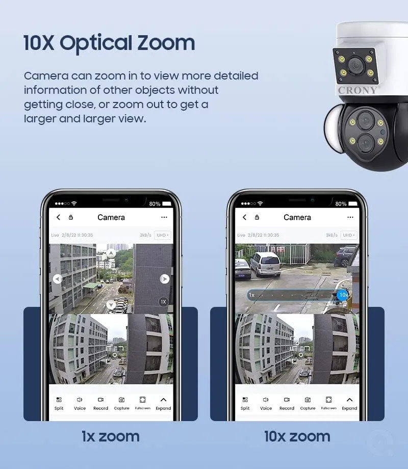 CRONY ST-430-5MP-10X Triple Lens Wireless Camera – 5MP, 10X Optical Zoom, 360° Rotation, Two-Way Audio, Motion Tracking, IP65 Waterproof