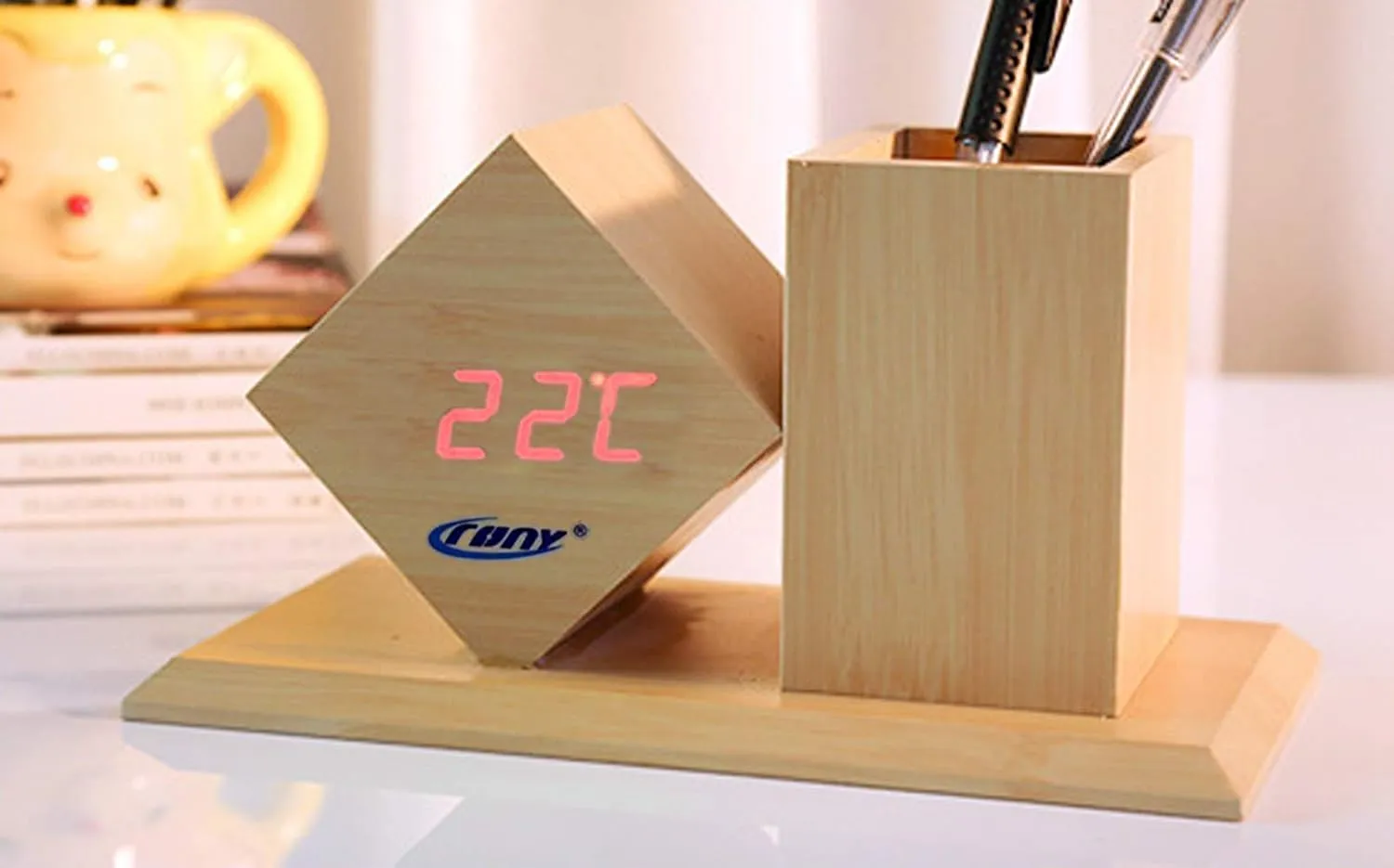 CRONY Cn2025 Wooden Pen Holder Digital Led Clock With Alarm And Temperature