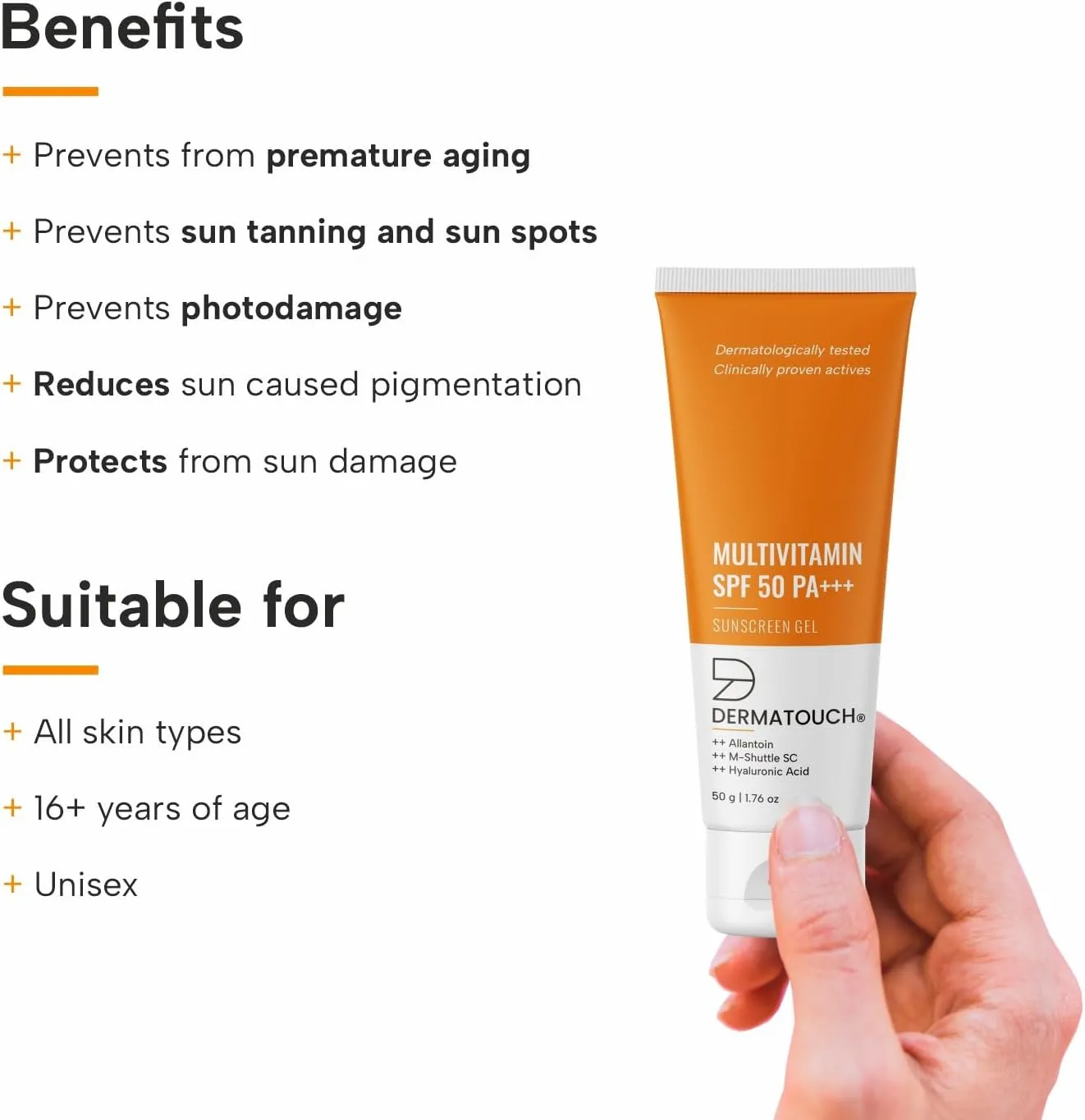 dermatouch multivitamin spf 50 pa+++ sunscreen gel | uva uvb protection |zero white cast | unisex | 50 g (pack of 1)