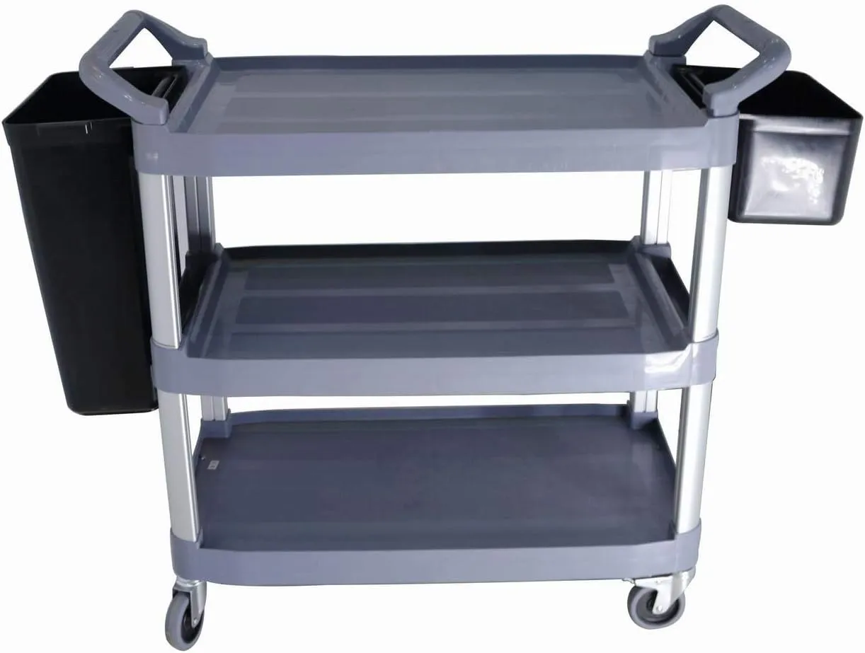 GRACE KITCHEN 3 Tiers PVC Service Trolley Utility Cart with Side Buckets/Dish Collecting Dining Trolley
