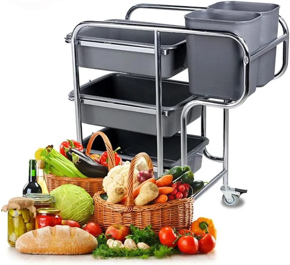 Grace Kitchen Stainless Steel Dish Collecting Cart Dish Collecting Trolley with 4 Plastic Buckets 900 * 460 * 950 Millimeter