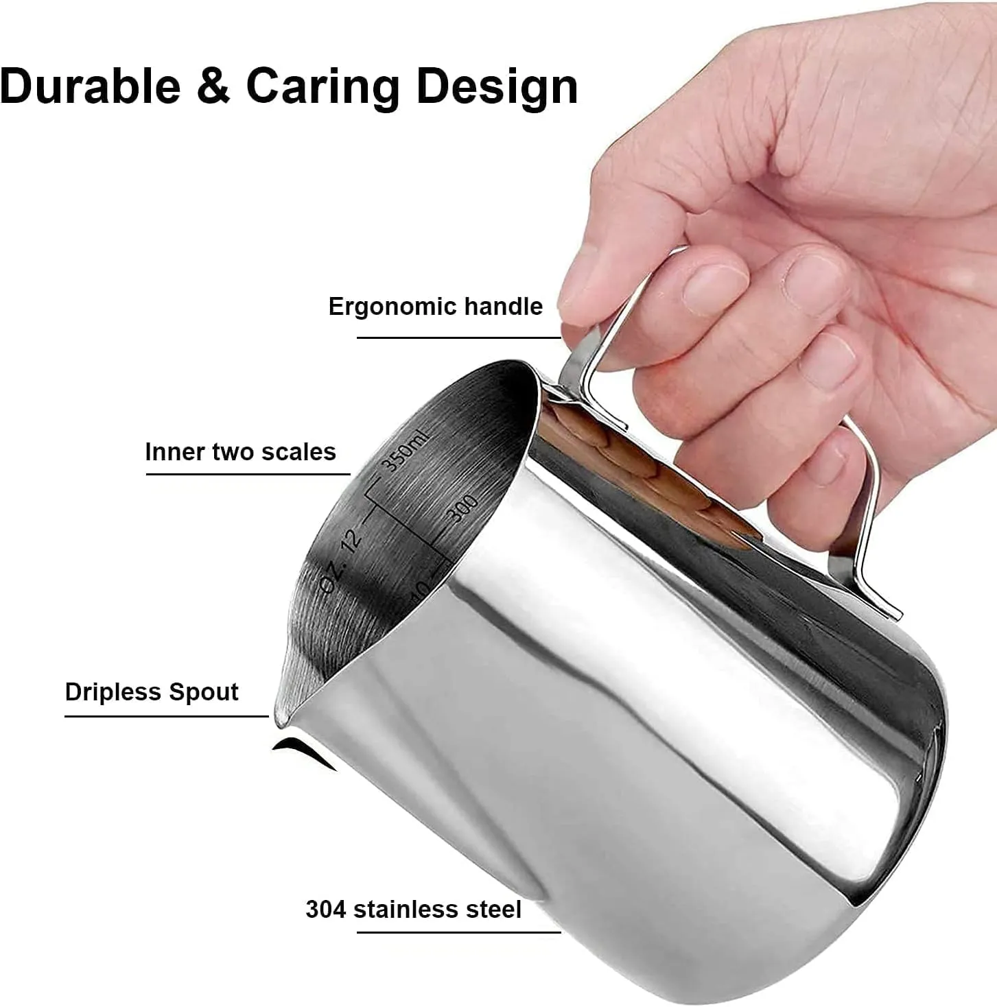SKY-TOUCH Stainless Steel 350ml Milk Frothing Pitcher Measurements On Both Sides Inside Plus Ebook & Microfiber Cloth Perfect For Espresso Machines Milk Frothers Latte Art, Silver