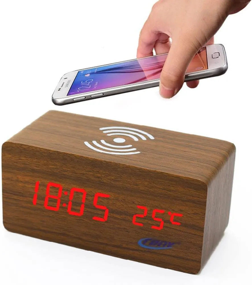 CRONY Digital Led Bt Alarm Clock With Wireless Charging Wooden Clock Brown 1299