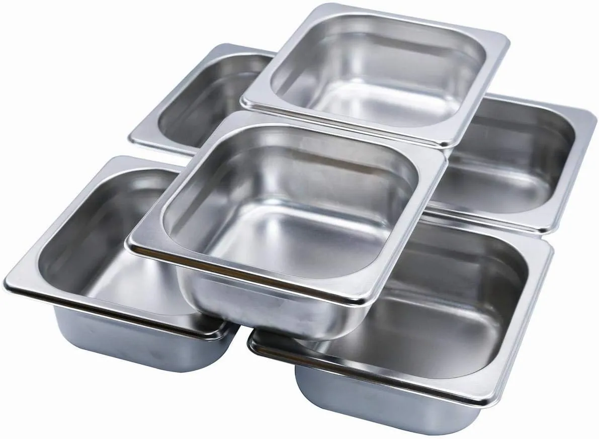 GRACE KITCHEN 1/6 65MM Rectangular Stainless Steel Food Container 6 pieces, Bain Marie Compatible