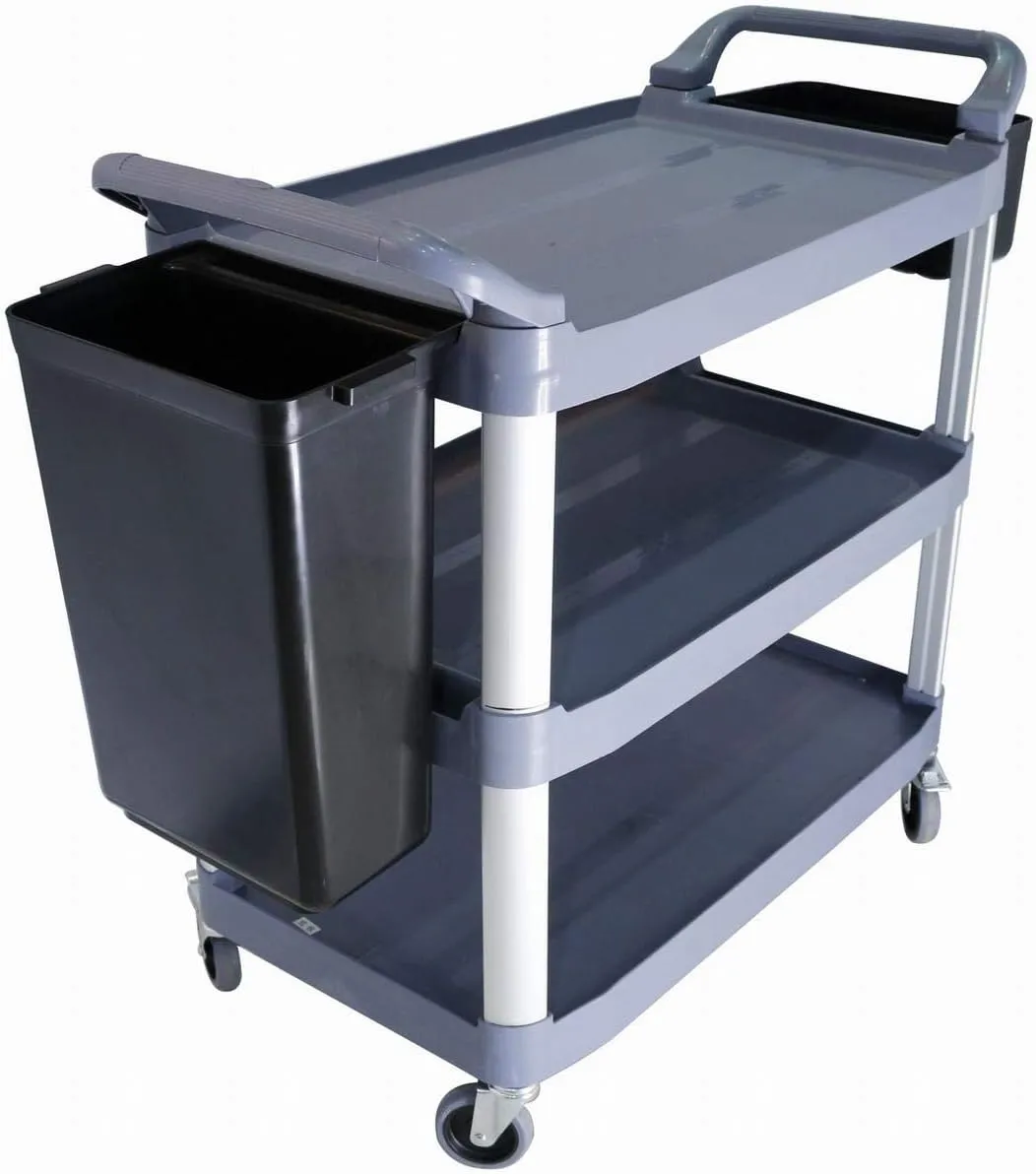 GRACE KITCHEN 3 Tiers PVC Service Trolley Utility Cart with Side Buckets/Dish Collecting Dining Trolley