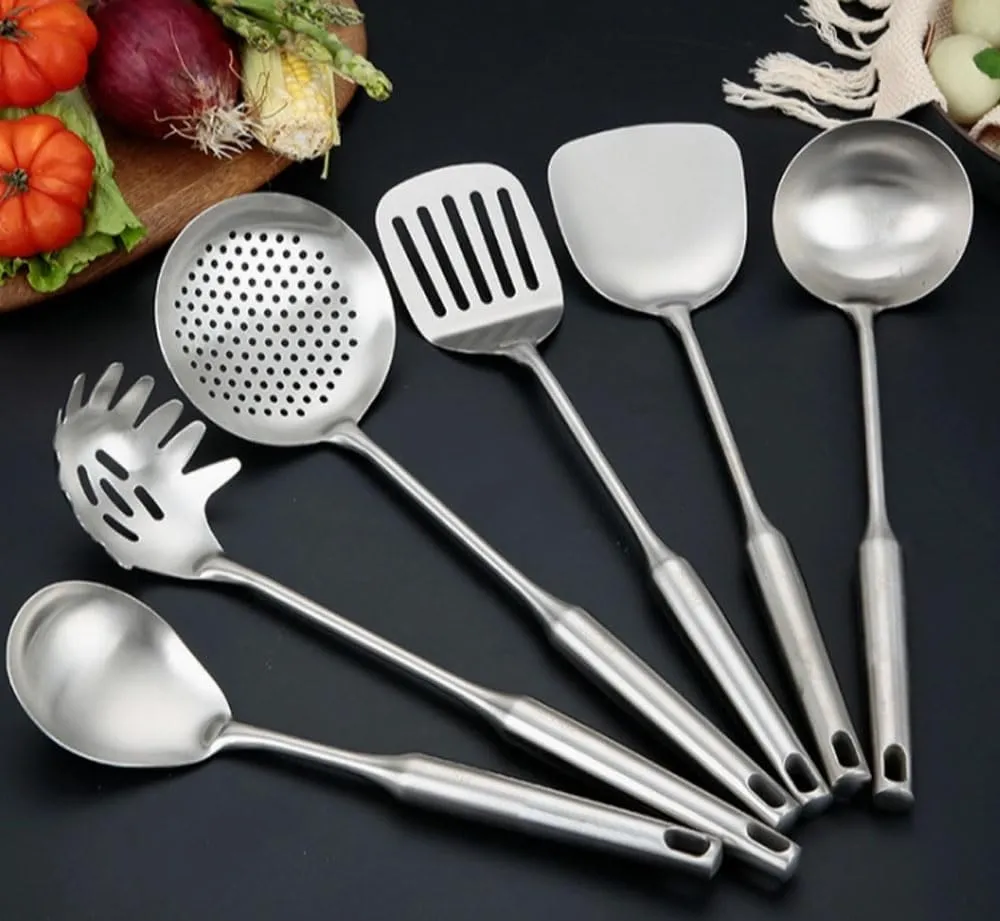 Grace Kitchen Utensil Set – 6 Piece Stainless Steel Cooking Utensils with Rotating Holder Organizer Includes Slotted Spoon, Slotted Spatula, Large Spoon, Soup Ladle, Spatula, Pasta Server