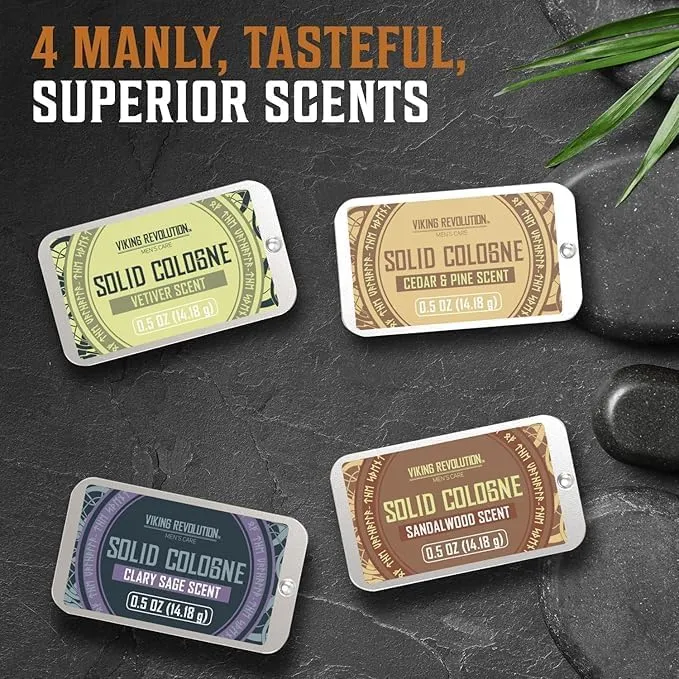 viking revolution mens solid colognes men perfumes for men men solid perfume with cedar wood, clary sage, vetiver, sandalwood 4 pack 0.5 oz / 14g each