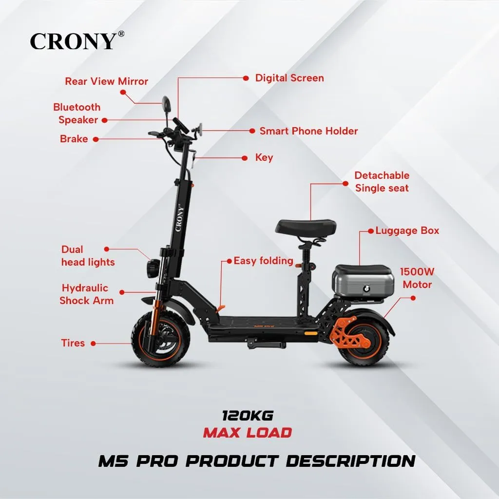 M5 Pro High-Speed Electric Scooter Up to 80 km/h, 10-inch Wide Tires, Mobile Phone Holder, Bluetooth Speaker, Rear Luggage Box, Rearview Mirrors, Dual LED Headlamps, IPX4 Waterproof, App Connectivity