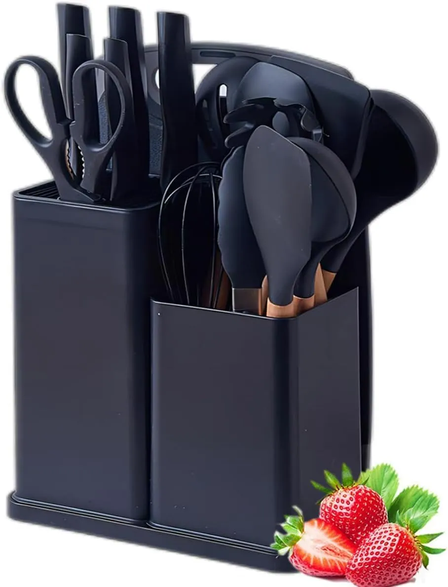 SATTAR 19 Kitchen Set Utensils Set with 11 Pieces Spatula Cooking Utensils,Heat Resistant Silicone Utensils 6 Piece Sharp Knife Set 2 Pieces Utensil Cutting Board (Black)