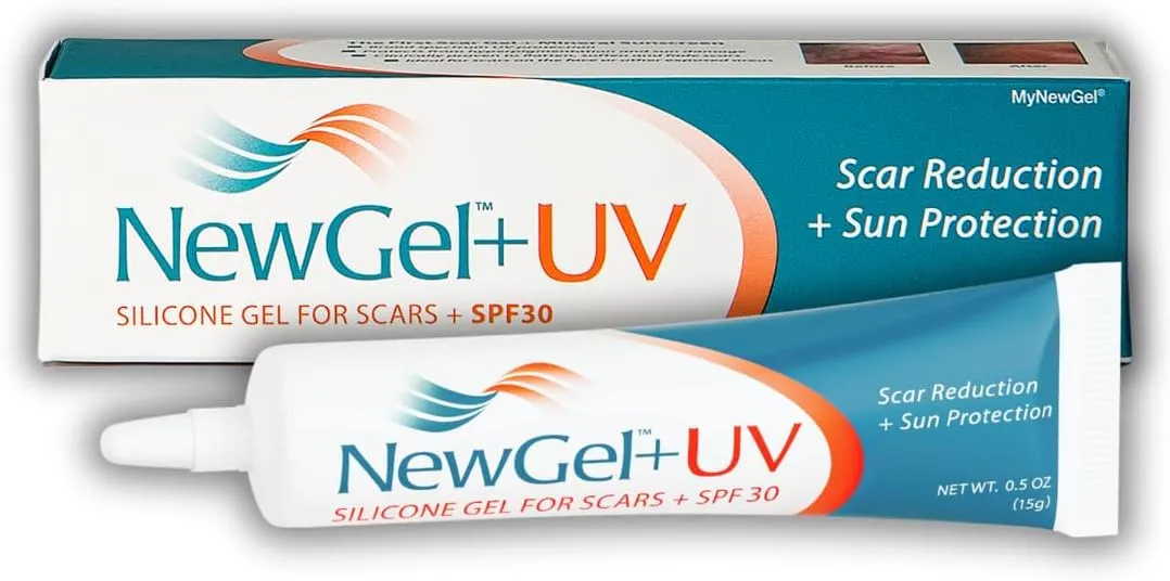 newgel+uv advanced silicone scar gel for old and new scars with spf30 mineral sunscreen, ideal for facial scars exposed to sun (15 grams)