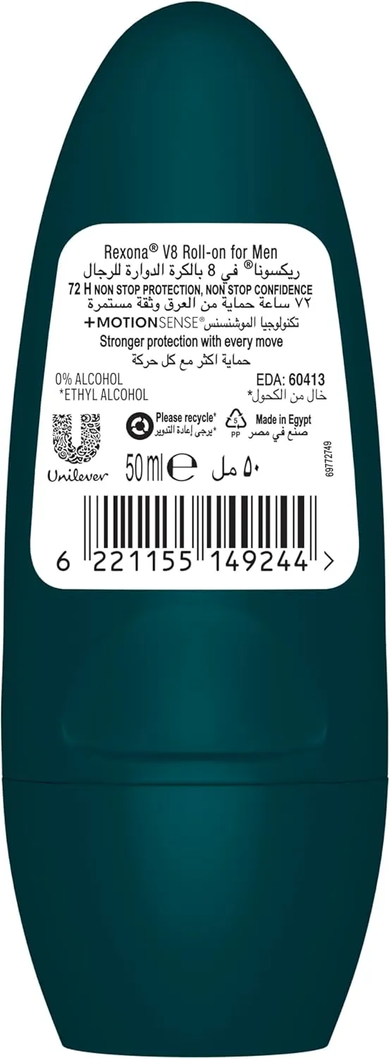 rexona men antiperspirant deodorant roll on, 72 hour sweat & odor protection*, v8, with motionsense technology, 50ml