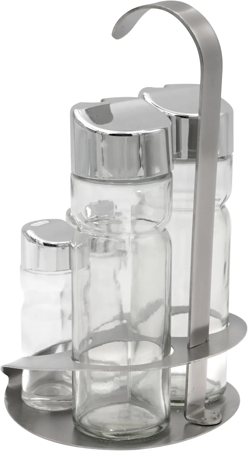 G GRACE Set of 4 Spice Jars, Glass and Steel, with Lid for Oil, Vinegar, Salt, Pepper with Table Stand, for Kitchen and Restaurant