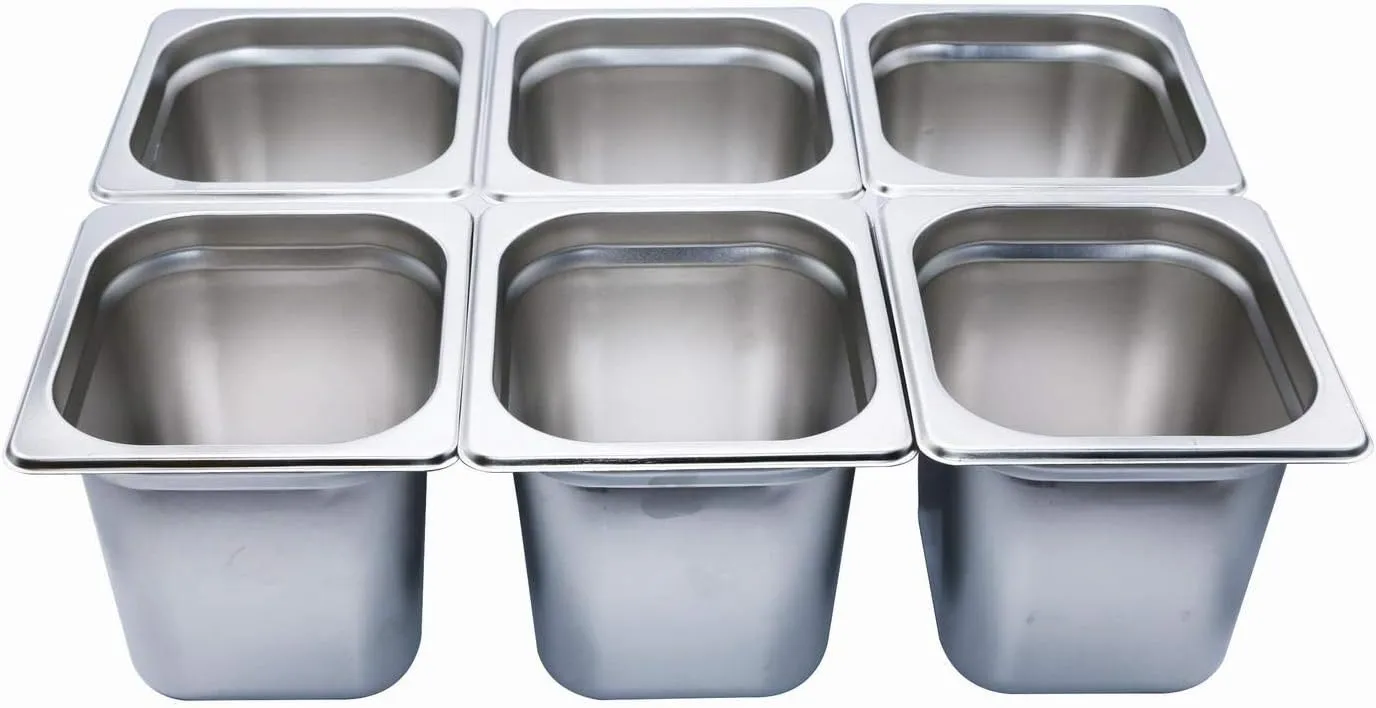 GRACE KITCHEN 1/6 150MM Deep Stainless Steel Gastronorm Food Containers - 6 PCS/Bainmarie Food Pan Inserts