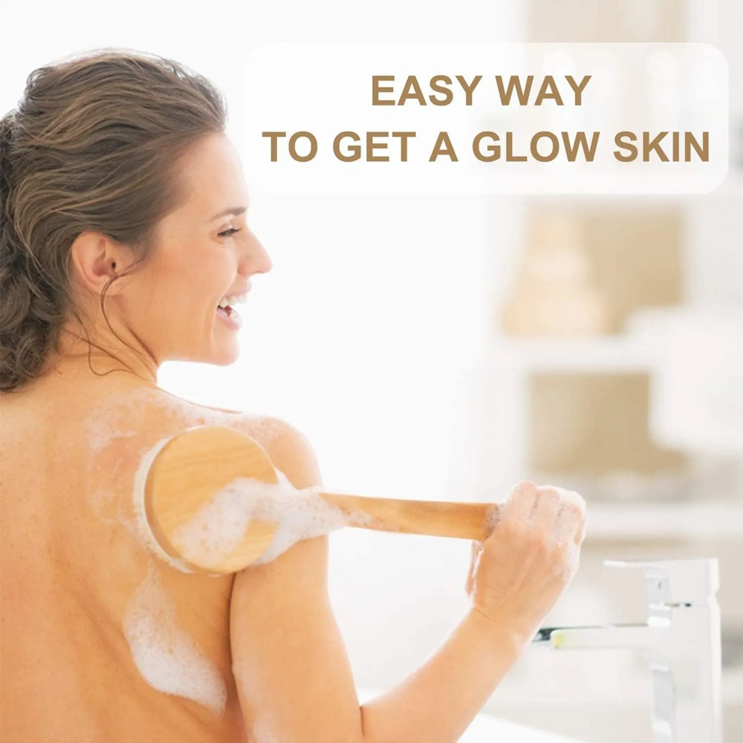 sky touch bath brush long handle, shower brush soft body brush back spa clean natural bristles exfoliating brush long wooden handle brown