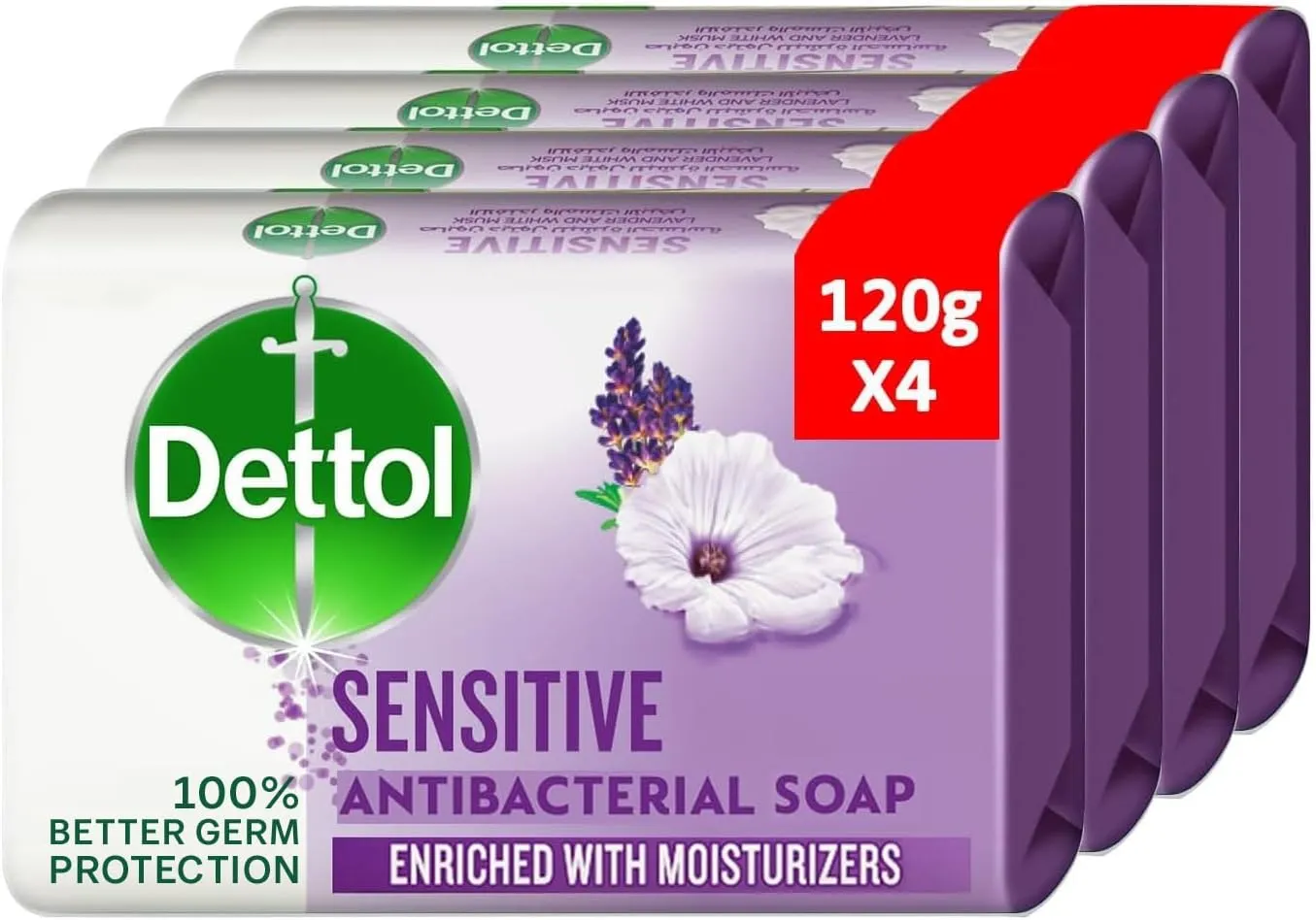 dettol sensitive anti bacterial bathing soap bar for effective germ protection & personal hygiene, lavender & white musk fragrance, 120g, pack of 4
