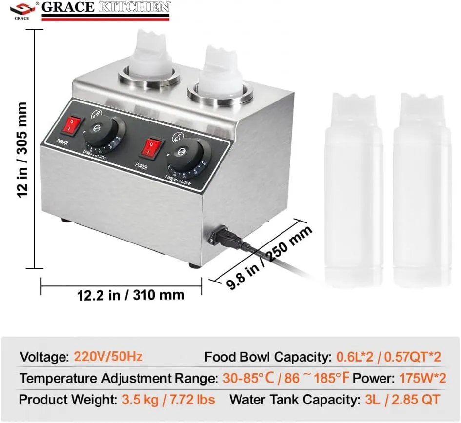 GRACE KITCHEN Commercial Sauce Warmer, Chocolate Bottle Warmer, 2 Heads Chocolate Spread Warmer/Stainless Steel Warmer Bottles Heating Machine GR-QK-2