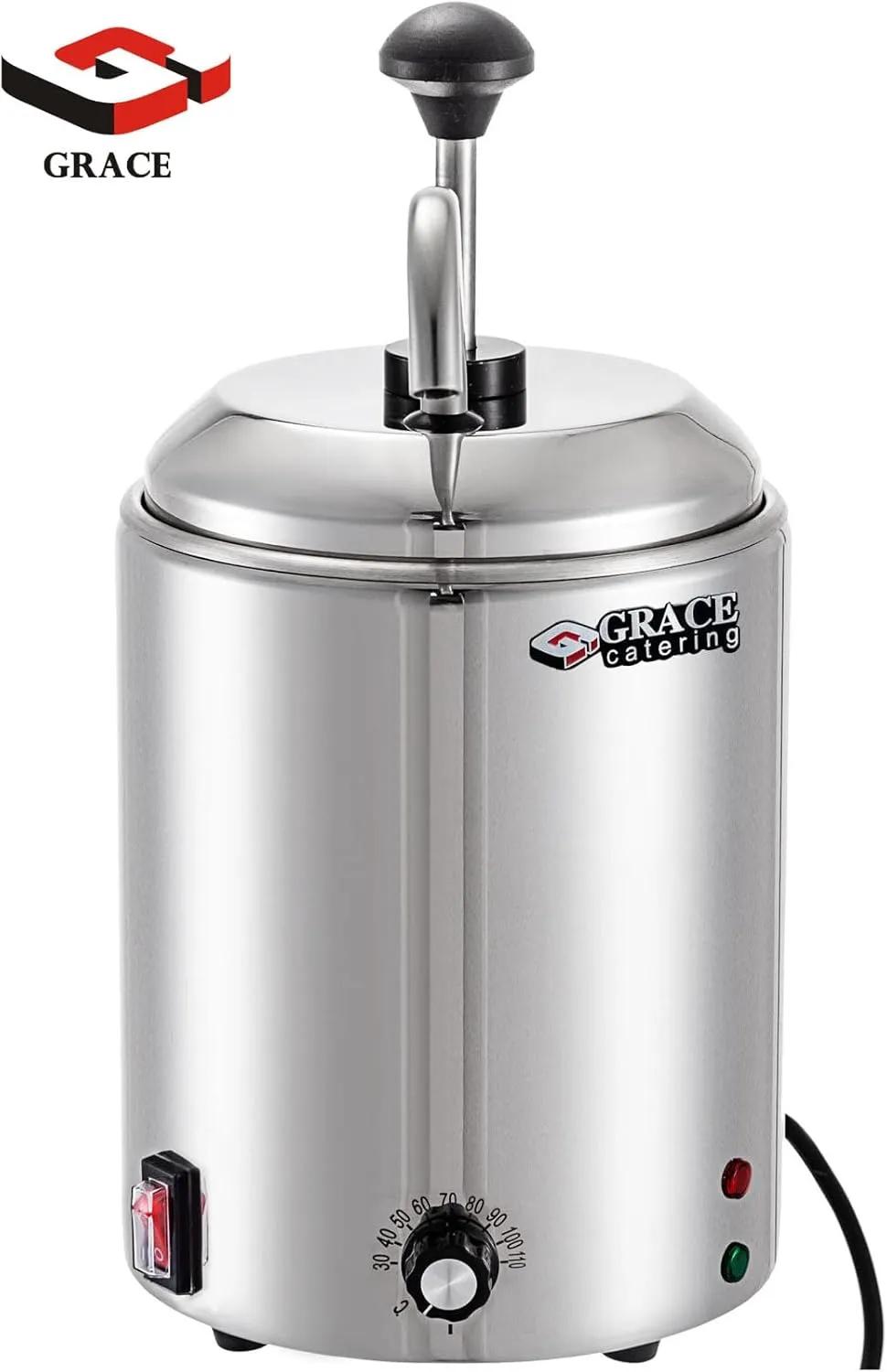 Grace Commercial Electric Cheese Warmer Dispenser, Stainless Steel Pump Chocolate Heated Pump and 30-110℃ Temp Adjustable 2.5 Liters Can for Chocolate Caramel Cheese Butter (GR-SPW-02 - ROUND)
